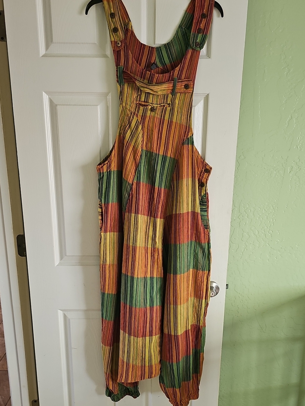 Multicolor Striped Women’s Overalls Dress - Green, Orange, Yellow, Red